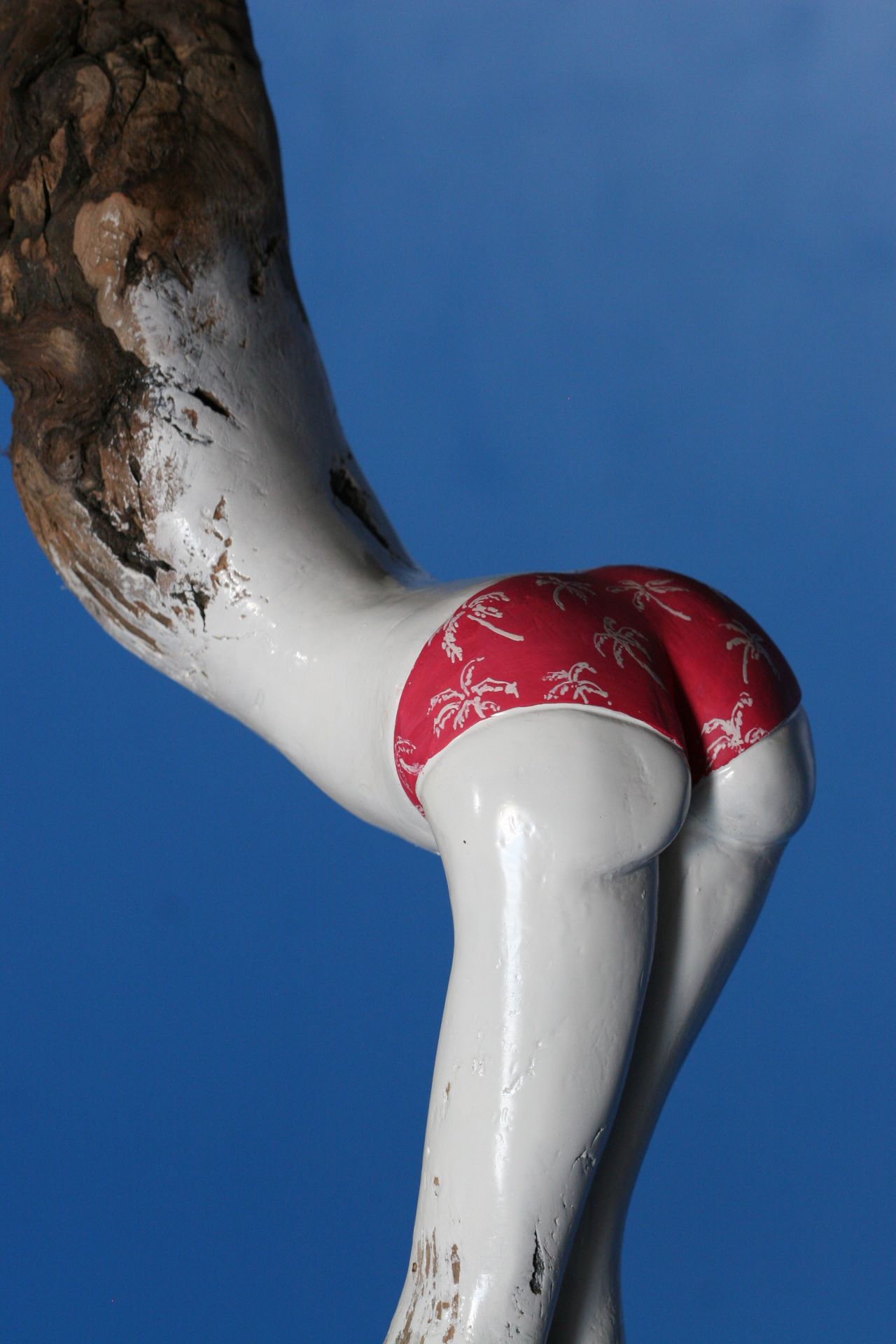 Zoom sur un bikini dessiné sur une sculpture en bois